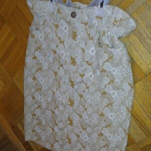 Floral Patterned Skirt in Beige and White Size Small With Cinched Stretchy Waist